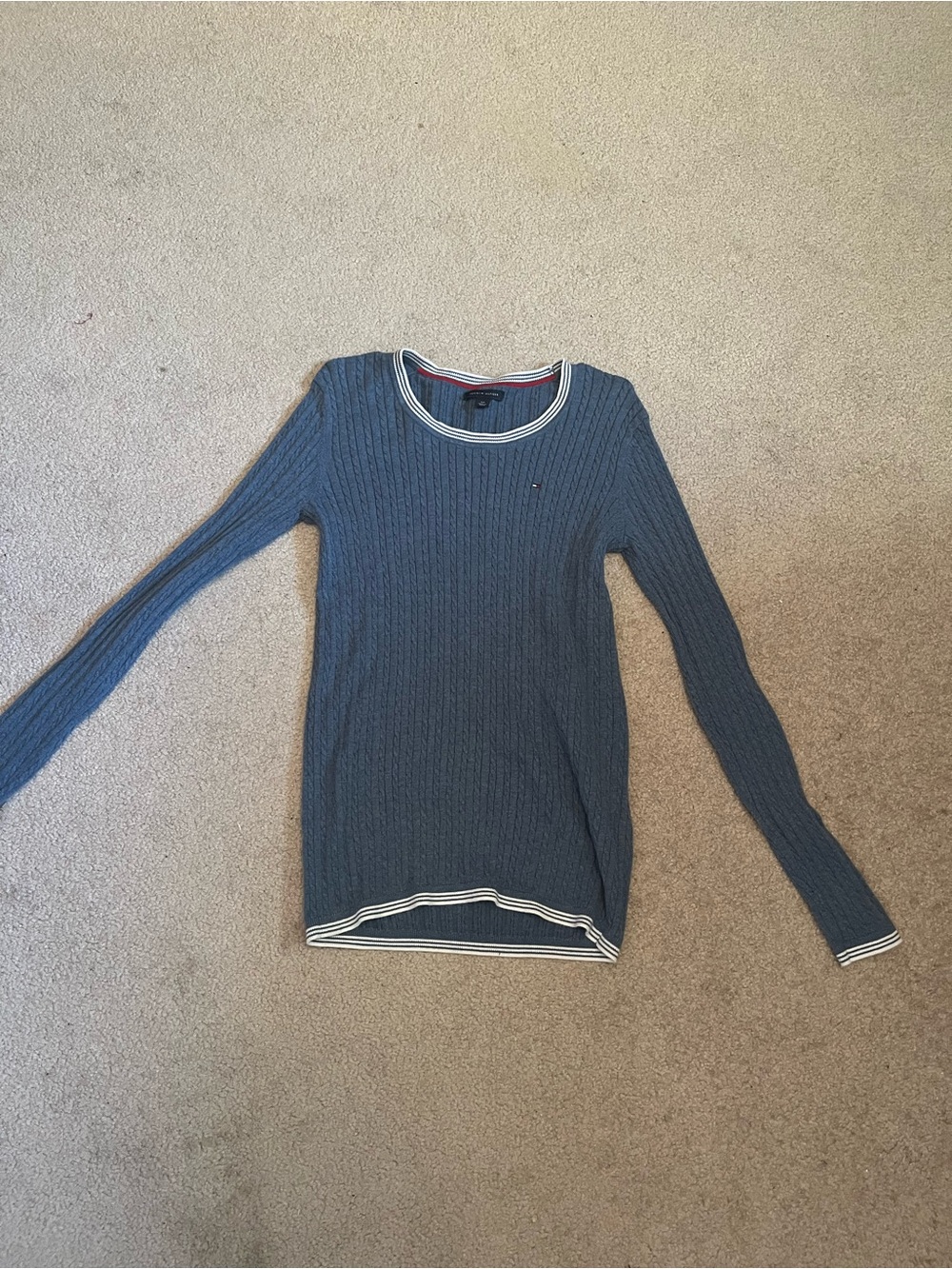 Tommy Hilfiger Blue Ribbed Crewneck Sweater with White Trim